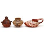 MEXICAN POLYCHROME POTTERY VESSELS, 3 PIECES, H 5"-7"Including 1 bowl, Dia.8", 1 double handled