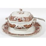 BOOTHS, ENGLISH 'VICTORIA' IRONSTONE COVERED TUREEN & TRAY, LATE 19TH C., L 16"Brown on white