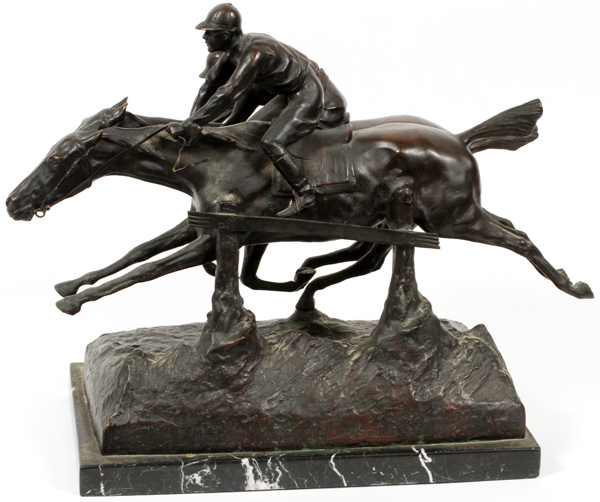 BARYE SIGNED BRONZE SCULPTURE, H 15", W 19", D 9", HORSE RACEDepicts two mounted jockeys side by - Bild 4 aus 4