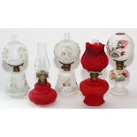 VICTORIAN, MINIATURE RUBY AND PAINTED MILK GLASS OIL LAMPS, 5 PIECES, H 8 1/2"-9"Miniature oil lamps