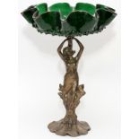 ART NOUVEAU METAL AND GLASS FIGURAL CENTERPIECE, C.1900, H 14 1/2", DIA 11"A green glass bowl with