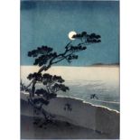 YOSHIMUNE, WOODBLOCK, H 9 1/4", W 6 3/4", SUMA BEACH BY MOONLIGHTdepicts a moonlit sea scape with