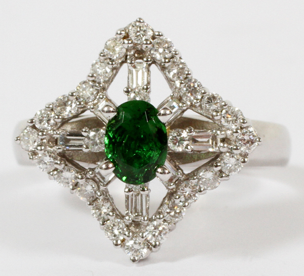 LADY'S TSAVORITE GARNET AND DIAMOND RING, 14KT Featuring a central tsaborite garnet surrounded by