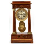 FRENCH EMPIRE ROSEWOOD MARQUETRY INLAID MANTLE CLOCK, BRONZE ORMOLU, CIRCA 1820, H 18""FC" inscribed