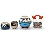 SOUTHWEST AMERICAN POLYCHROME VESSELS, 4 PIECES, H 2 3/4"-5"Including 1 double spouted vessel, and 3