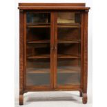 TWO DOOR GLASS AND OAK CHINA CABINET, H 57", L 39", D 15"Having four fitted wood shelves scroll