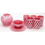 CRANBERRY OPALESCENT GLASS TABLEWARE AND TUMBLERS, 8 PIECES, H 2 1/2"-4"Including 1 rose bowl, 1