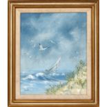 THOMAS PELL OIL ON CANVAS H 19", W 15', SEASCAPE WITH SAILBOAT AND SEAGULLSDepicts a seascape with a