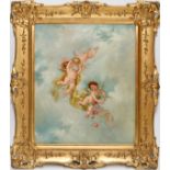 OIL ON CANVAS BOARD, H 15", W 13", CHERUBS AND FLOWERSIn a French style frame, image size measures