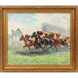 PELHUSES, SIGNED OIL ON CANVAS, H 18", W 22", HORSE RACEDepicts a horse race with mounted jockeys.