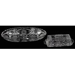 BRILLIANT CUT CRYSTAL VEGETABLE TRAY AND BUTTER DISH, C1930, 2 PCS., H 1 1/2" & 2", L 11" & 7"