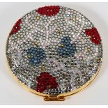 JUDITH LEIBER FULL BEAD POWDER COMPACT, DIA 2 1/4"A round gold tone compact with full bead cover