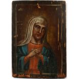 ANTIQUE RUSSIAN PAINTING ON WOOD ICON, MARY MOTHER OF CHRIST H 11.5" W 8.5"Heavy wood plaque. H 11.