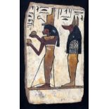 EGYPTIAN HAND PAINTED WOOD PLAQUE, H 6", W 3 1/2"Mounted on fabric and framed, measures overall H.14