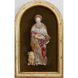 PROFESSOR PATTARINO, ITALIAN CERAMIC FIGURE, H 14", MOUNTED IN FLORENTINE FRAME, H 21"St Luke with