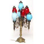 VICTORIAN PATINATED METAL, MODIFIED 7 LIGHT CANDLE LAMP, H 31", W 13"Patinated metal 7 light