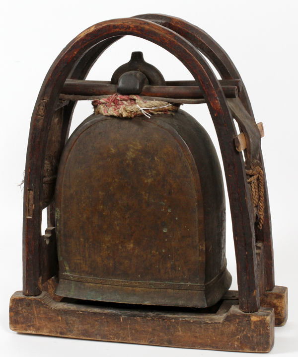 CHINESE ANTIQUE BRONZE TEMPLE BELL, H 19 1/2", W 16 1/2"Carved wood frame and bronze.Red and White - Image 2 of 2