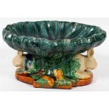 MAJOLICA POTTERY COMPOTE OF RABBITS, H 6", W 12"Green compote with pedestal base made up of