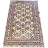 PAKISTANI BOKHARA WOOL RUG, W 4' 2", L 6' 0"having a beige ground, eleven borders, five narrow