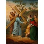 OLD MASTER RELIGIOUS OIL ON CANVAS H 36" W 27" CHRIST CARRYING CROSSNot signed. Professionally