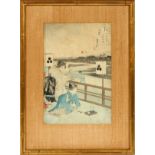 VINTAGE JAPANESE WOODBLOCK PRINT, H 13", L 8.5",Stamped. Matted under acrylic in bamboo style