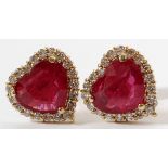 14KT YELLOW GOLD AND 9CT RUBY AND DIAMOND EARRINGS, PAIR, W 5/8"A pair of 9.45ct enhanced (glass