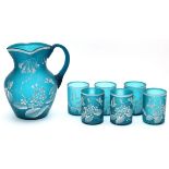 ENAMELLED GLASS LEMONADE SET, C1870, 6 PIECESIncluding 1 pitcher, H.8 1/2", and 5 tumblers, H.3 1/