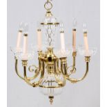 SIX - LIGHT BRASS AND GLASS CHANDELIER, H 28", DIA 23"A modern brass and glass chandelier with