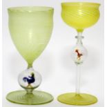 VENETIAN GLASS STEMWARE, 2 PIECES, H 5 1/2" & 5 3/4"Each has a rooster in the bubble stem.In good