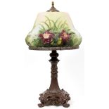 PAIRPOINT STYLE PUFFY GLASS AND SPELTER TABLE LAMP, H 25", DIA 14"New Base. Floral Pattern.- For