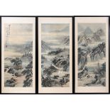 JAPANESE WOODBLOCK TRYPTIC, H 33" L 14.75" EACH PANEL, MOUNTAIN LANDSCAPEA mountain landscape with