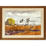 KENNETH SMALLWOOD (AMERICAN), WATERCOLOR, H 15" W 22", 'MARCH DAY-QUAILS'label on back Sporting
