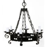 LIGHTOLIER SIX-LIGHT WROUGHT IRON CHANDELIER H 20.5", DIA 26"Marked made in Spain.Good condition.