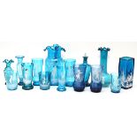 MARY GREGORY, ANTIQUE BLUE GLASS TABLEWARE, 15 PIECES, H 3 3/4"-9 1/2"Including 1 pitcher, with 1