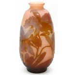 SIGNED GALLE CAMEO GLASS VASE, H 13'', W 6 1/2''Blossoming flower motif of brown and blue on a