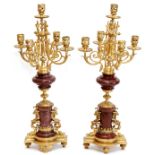 FRENCH BRONZE & ROUGE MARBLE FIVE-LIGHT CANDELABRA, 19TH C., PAIR, H 22 1/2"Footed. Width 8".