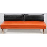 UPHOLSTERED VINYL SOFA, MID 20TH CENTURY, H 28", W 76", D 30"A two tone upholstered sofa, with