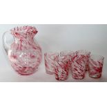 VICTORIAN, PINK SPATTER GLASS LEMONADE SET, 7 PIECESIncluding 1 pitcher, H.8 1/2", and 6 tumblers,