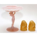 OPAQUE GLASS BOTTOM'S UP CUPS AND COMPOTE, 3 PIECES, H 7 1/2"Including 2 opaque beige bottom's up