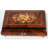 ITALIAN INLAID MUSIC BOX, MODERN, H 2.5", L 7.75", D 5"The jewelry case/music box has a red felt