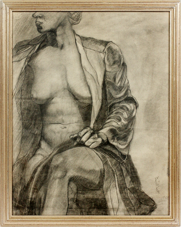 SIGNED PENCIL ON PAPER, 1954, H 24'', W 18'', SEATED FEMALE NUDE.Stamped top left corner. Signed