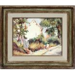 F. JORWITZ, OIL ON BOARD GIRL ON PATH BY WHITE HOME H 10 1/2" W 14"French label on verso. Framed.