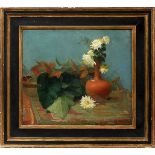 STILL LIFE OIL ON CANVAS, FLOWERS IN RED VASE, 19TH C., H 22", W 25"Black and gilt wood frame;