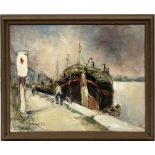 JORWITZ OIL ON ARTIST BOARD SHIPS AT DOCK H 16 1/2" W 20"narrow frame- For High Resolution Photos