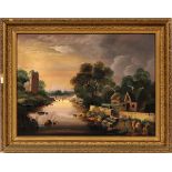 UNSIGNED, OIL ON ARTIST BOARD, C.1900, H 18", W 24", MILL ON RIVER WITH FISHERMENRiver and village