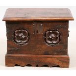 CONTINENTAL HAND CARVED OAK CHEST, 18TH C., H 22", W 28", D 16"A hand-carved oak chest or box.