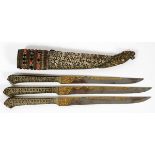 PERSIAN TRIPLE THROWING DAGGER SET, INSIDE ONE ENGRAVED SILVER SHEATH3 separate daggers with