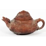 CHINESE UNGLAZED RED POTTERY DRAGON DESIGN MINIATURE TEAPOT, ANTIQUE, W 2 7/8", L 4 1/4"Bottom