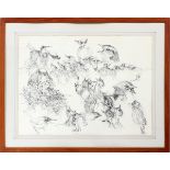 NORMAN BRUMM, INK DRAWING, YOUNG BIRDSFramed; c. 20" x 24" image.- For High Resolution Photos