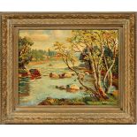 A. PETERSON, OIL ON CANVAS 1920 H 14" W 18" LANDSCAPESigned. Scene of lake and birch trees.Good